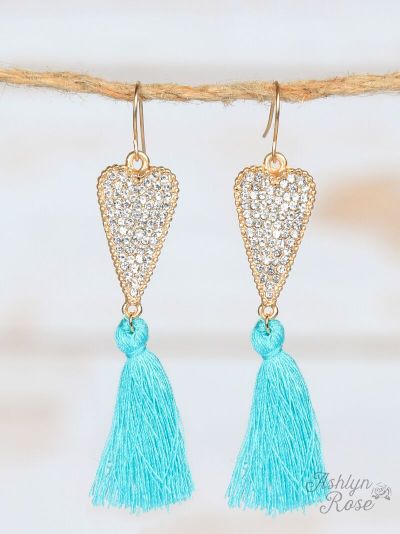 Crystal Heart Earrings with Tassels, Turquoise - SKC Boutique