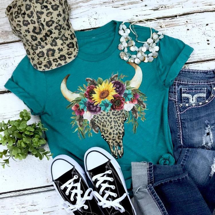 Leopard Bull Skull Tee - SKC Boutique